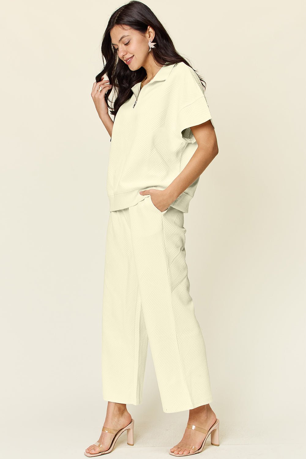 Double TakeTextured Half Zip Short Sleeve Top and Pants Set