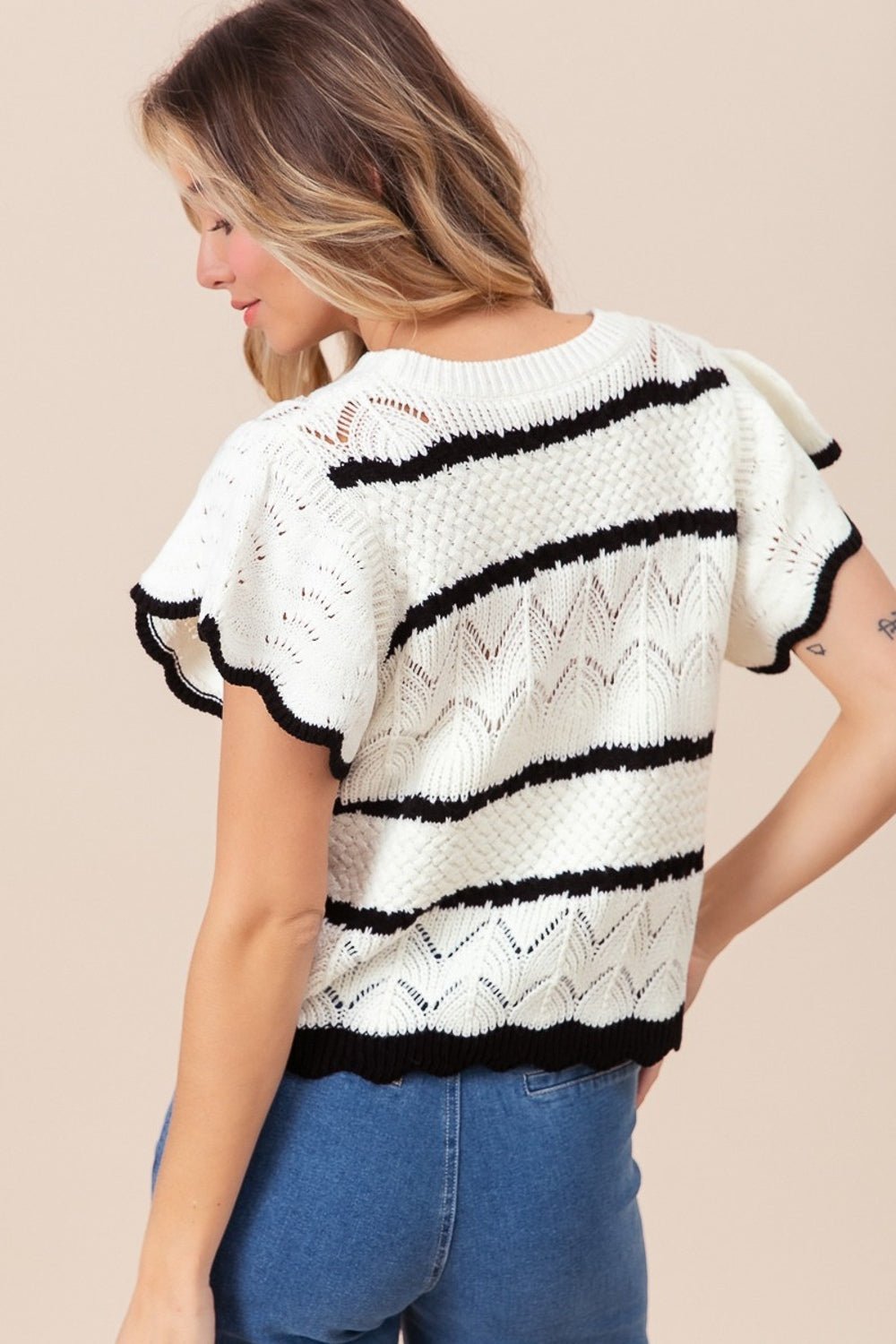 BiBiPointelle Striped Short Sleeve Knit Top in Ivory Black