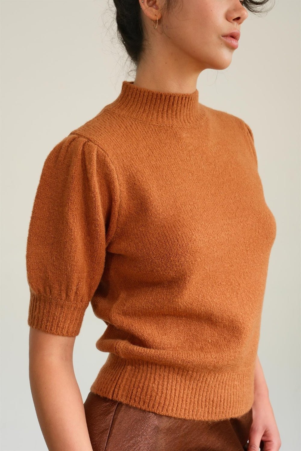 HYFVEMock Neck Puff Sleeve Sweater in Chocolate