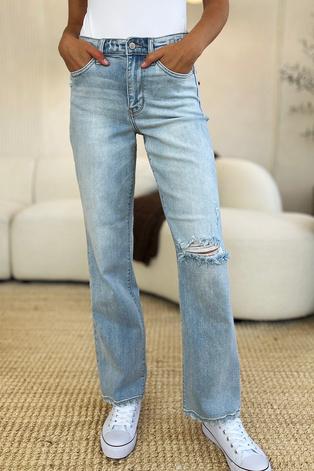 Judy BlueLight Wash High Waist Distressed Straight Jeans