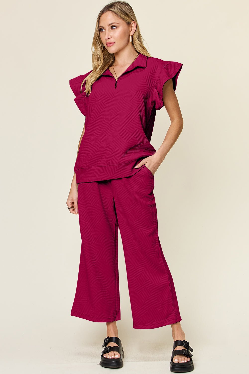 Double TakeTextured Ruffle Short Sleeve Top and Drawstring Wide Leg Pants Set