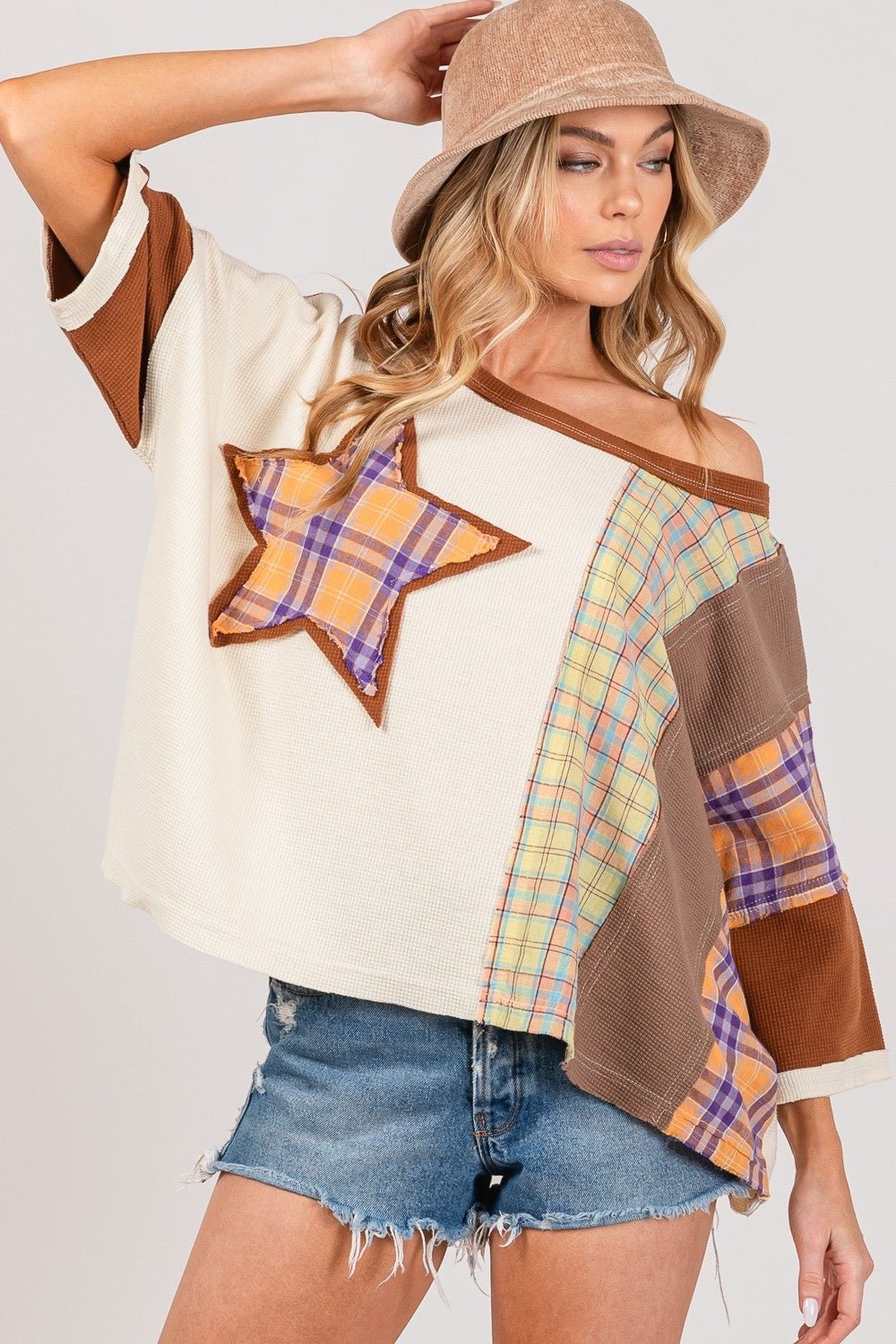 SAGE+FIGScoop Neck Plaid Star Patch T - Shirt in Mocha