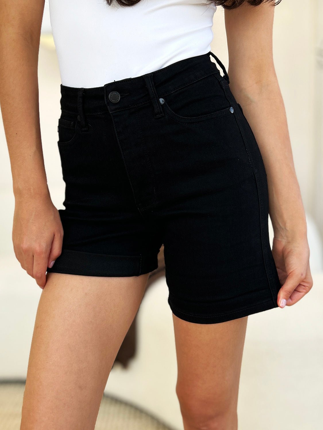 Judy BlueHigh Waist Tummy Control Cuffed Denim Shorts in Black