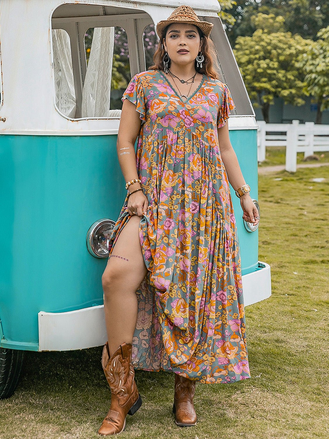 Beach Rose Co.Plus Size Ruffled Sleeve Floral Print Maxi Dress