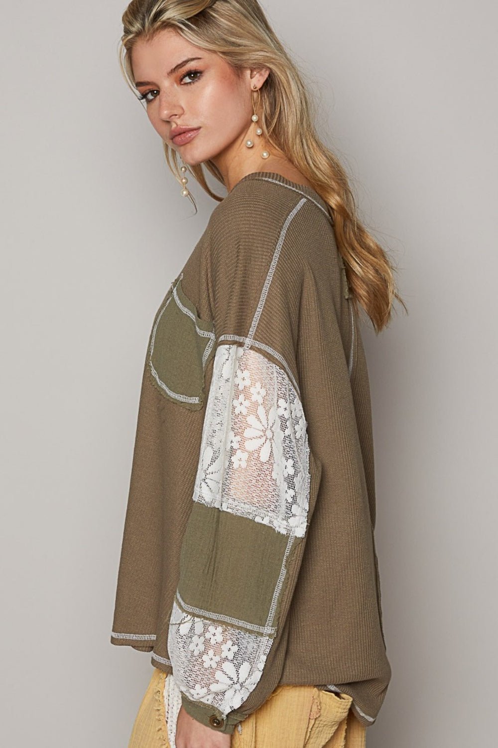 POLV - Neck Lace Detail Long Sleeve Exposed Seam Top in Khaki Olive