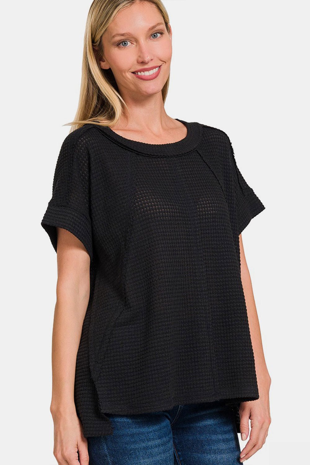 ZenanaWaffle Knit Exposed - Seam Short Sleeve T - Shirt in Black