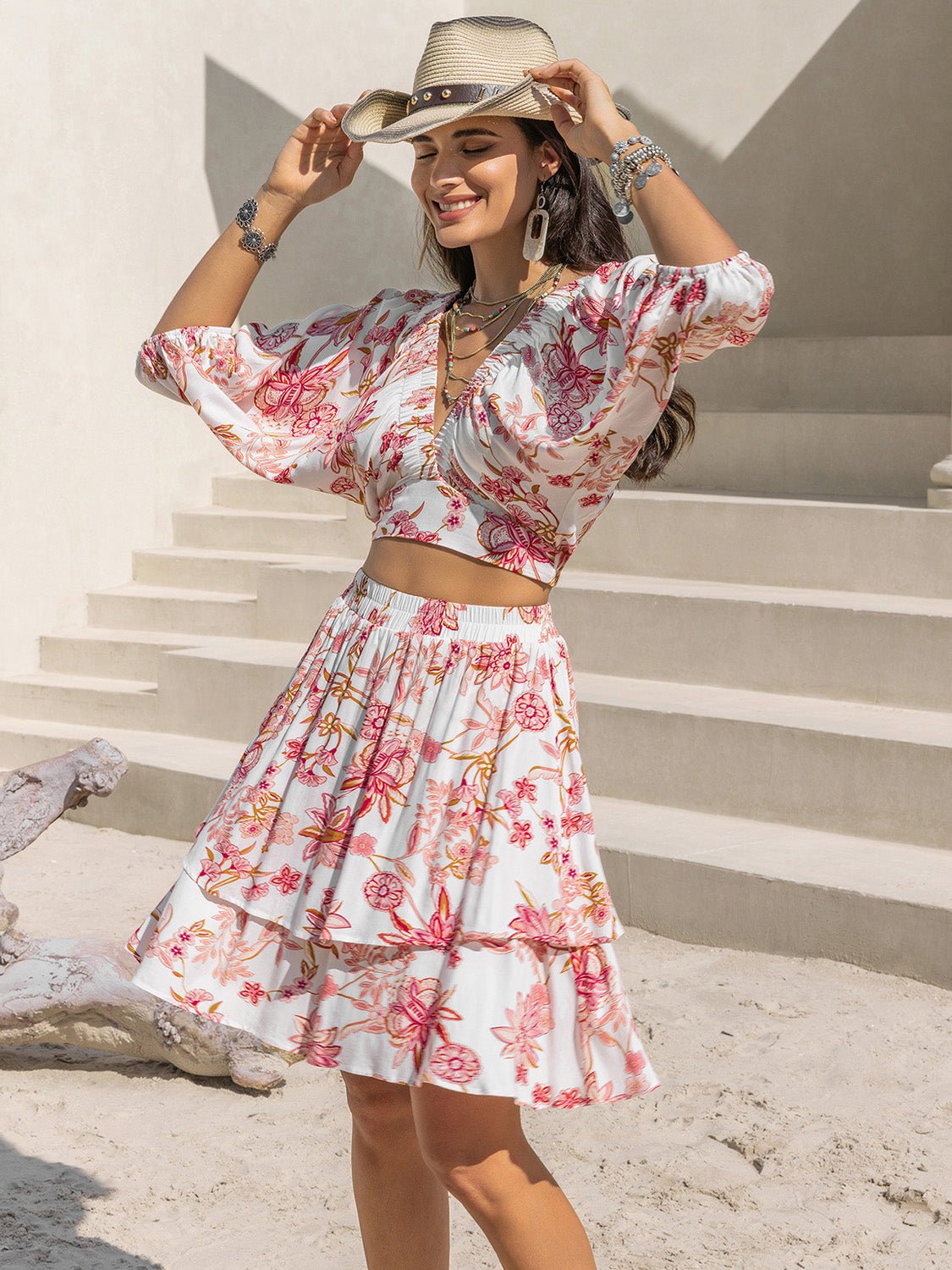 Beach Rose Co.Floral Print Crop Top and Mini Skirt Set in Blush Pink