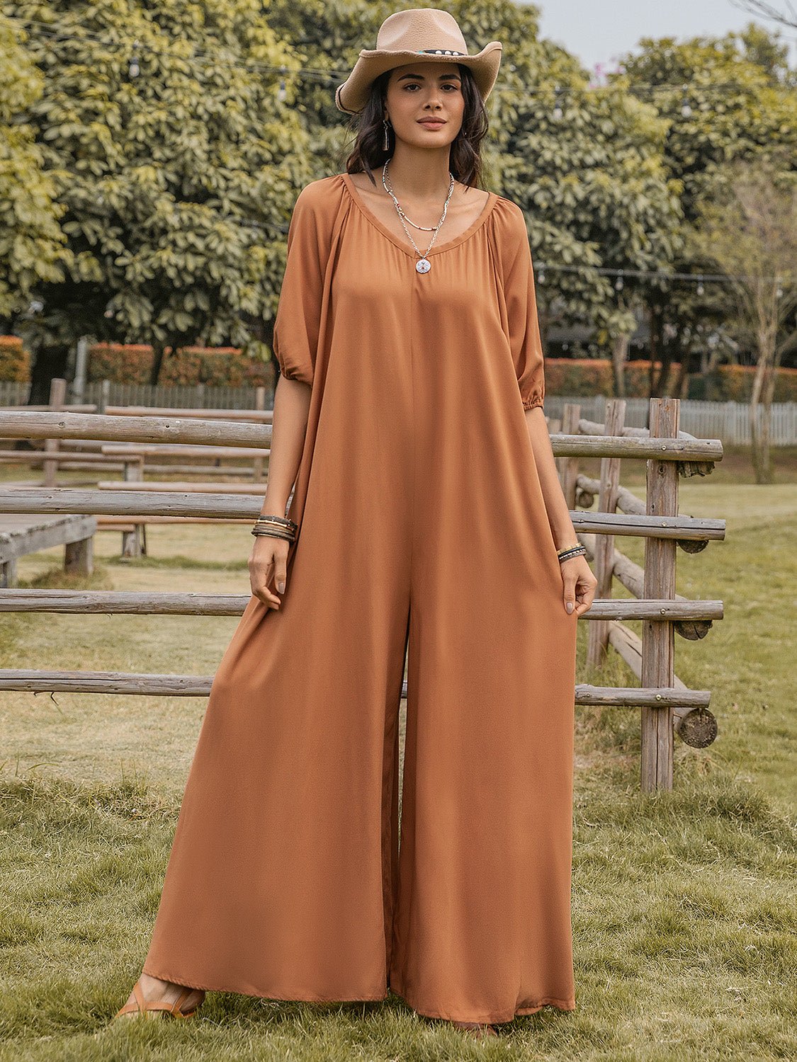 Beach Rose Co.Scoop Neck Half Sleeve Wide Leg Jumpsuit in Caramel