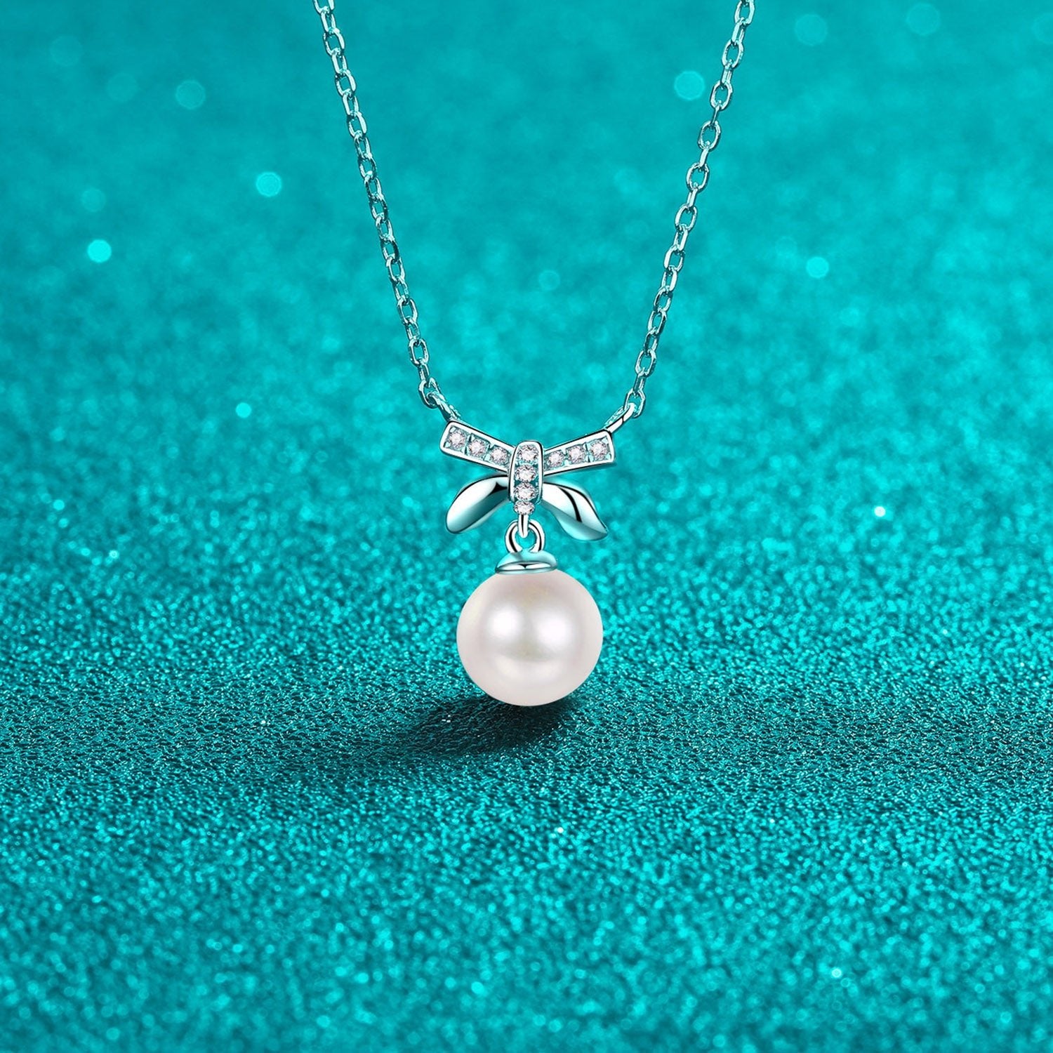 Beach Rose Co.Silver Natural Pearl Moissanite Bowtie Pendant Necklace