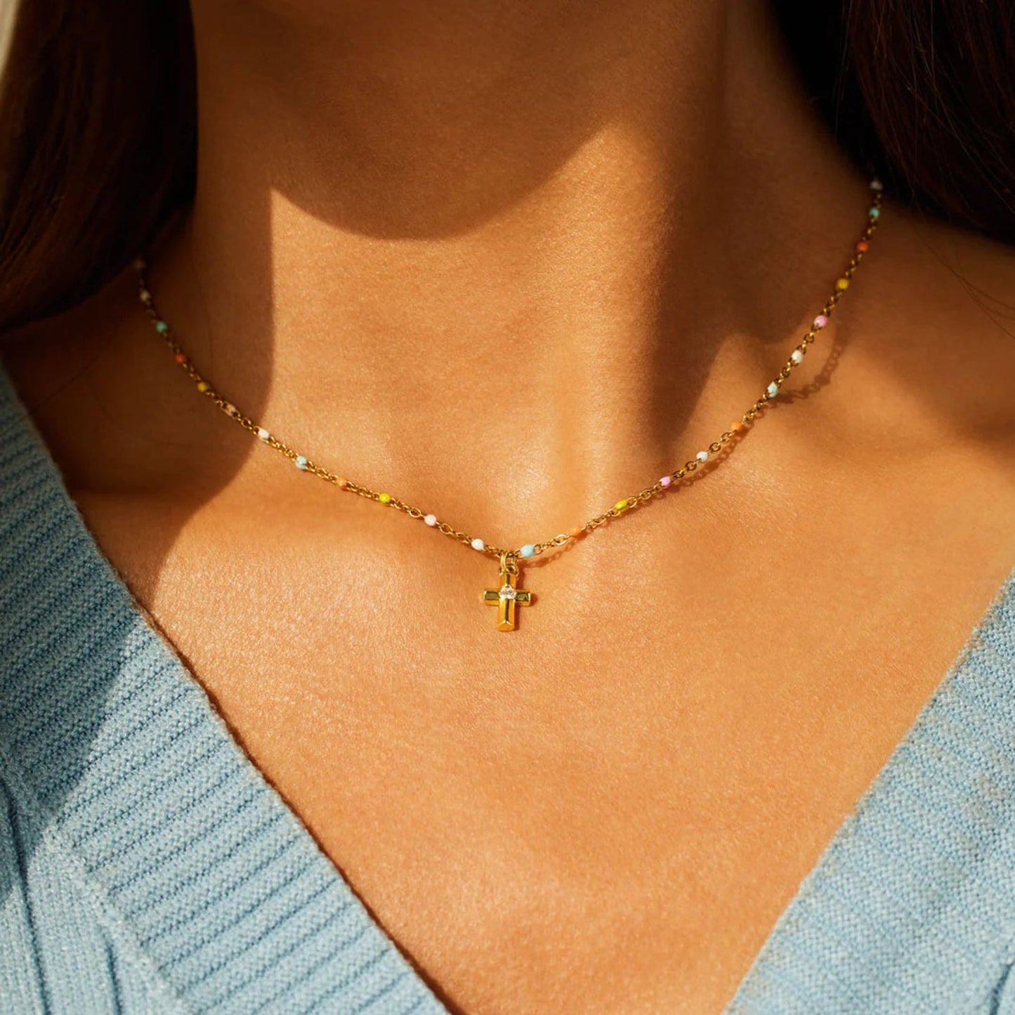 Beach Rose Co.Gold Inlaid Zircon Cross Beaded Necklace
