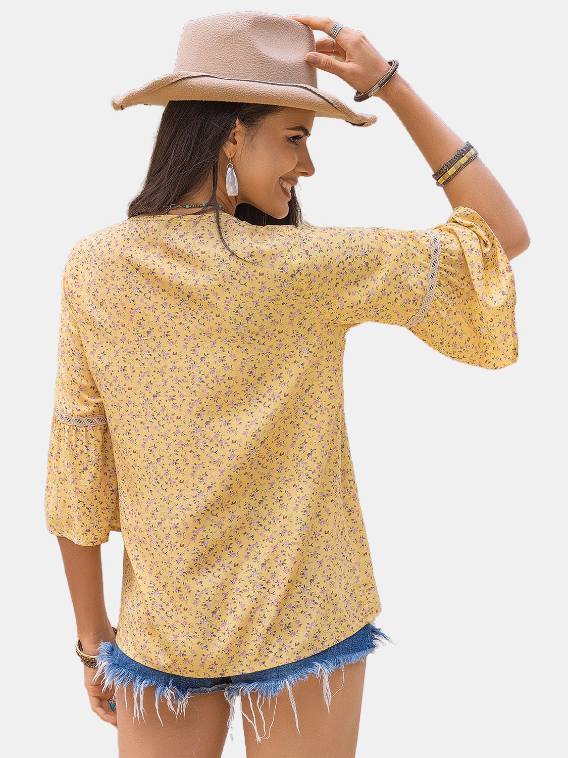 TrendsiDitsy Floral V - Neck Blouse in Pastel Yellow