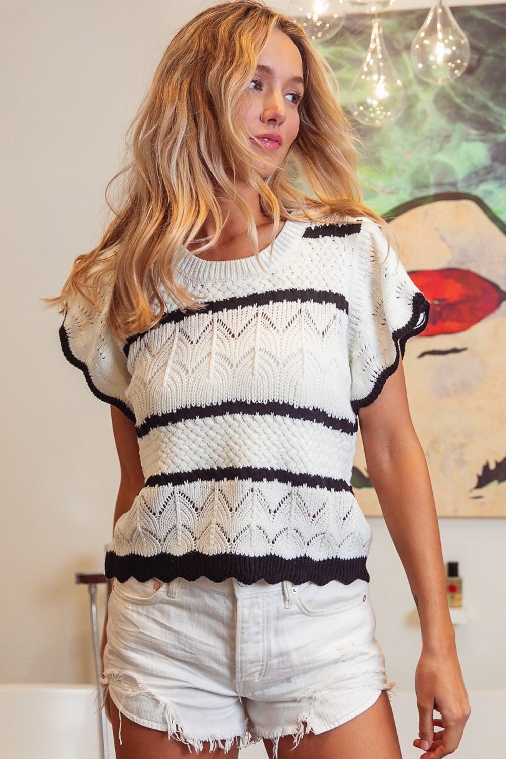 BiBiPointelle Striped Short Sleeve Knit Top in Ivory Black