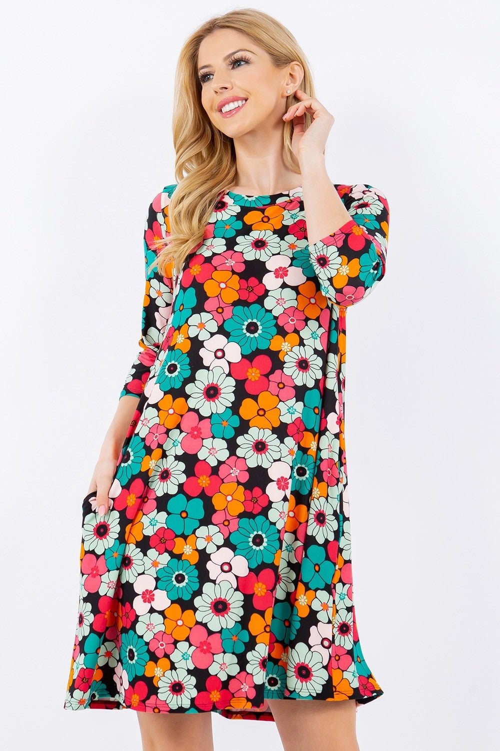 Celeste DesignBlack Floral Three - Quarter Sleeve Mini Dress with Pockets