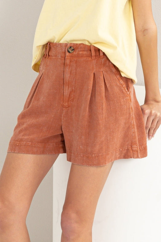 HYFVEHigh Waist Pleated Shorts in Baked Clay