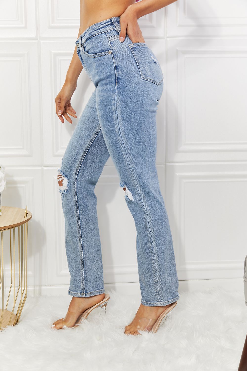 KancanLight Wash High Rise Distressed Straight Jeans