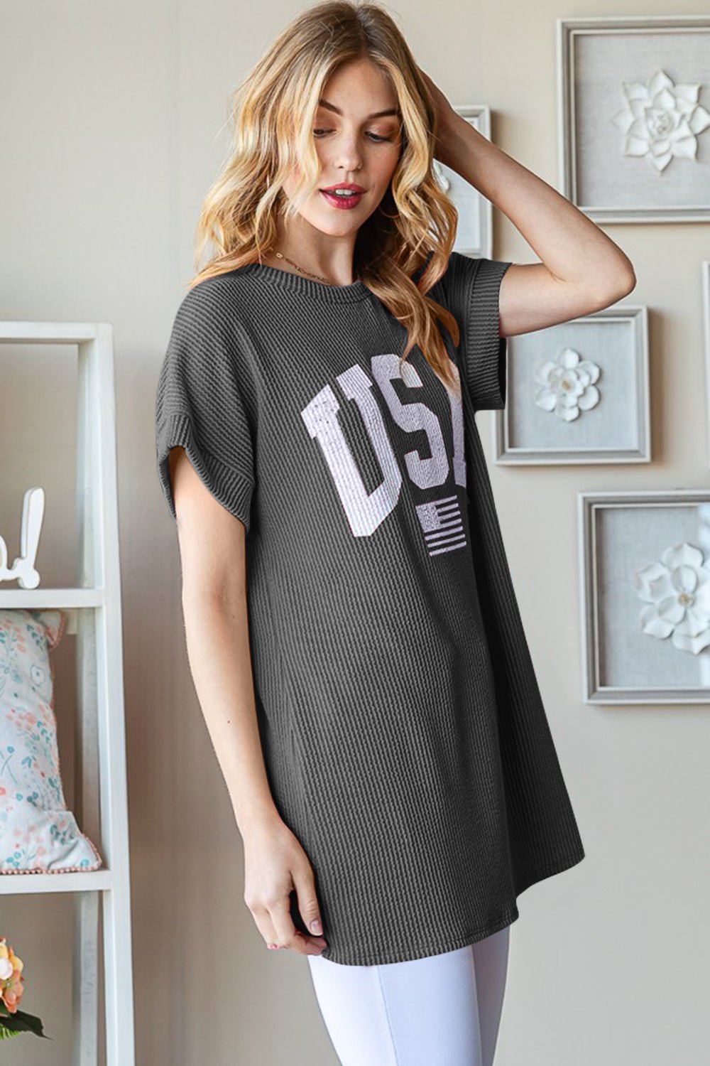 HeimishUSA Graphic Short Sleeve Rib Knit Top in Charcoal