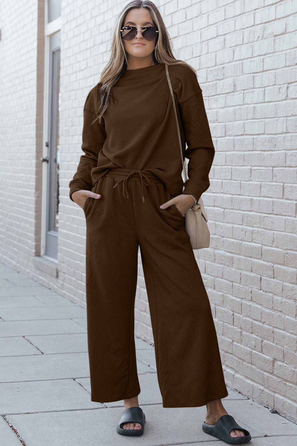 Double TakeTextured Long Sleeve Top and Drawstring Pants Set