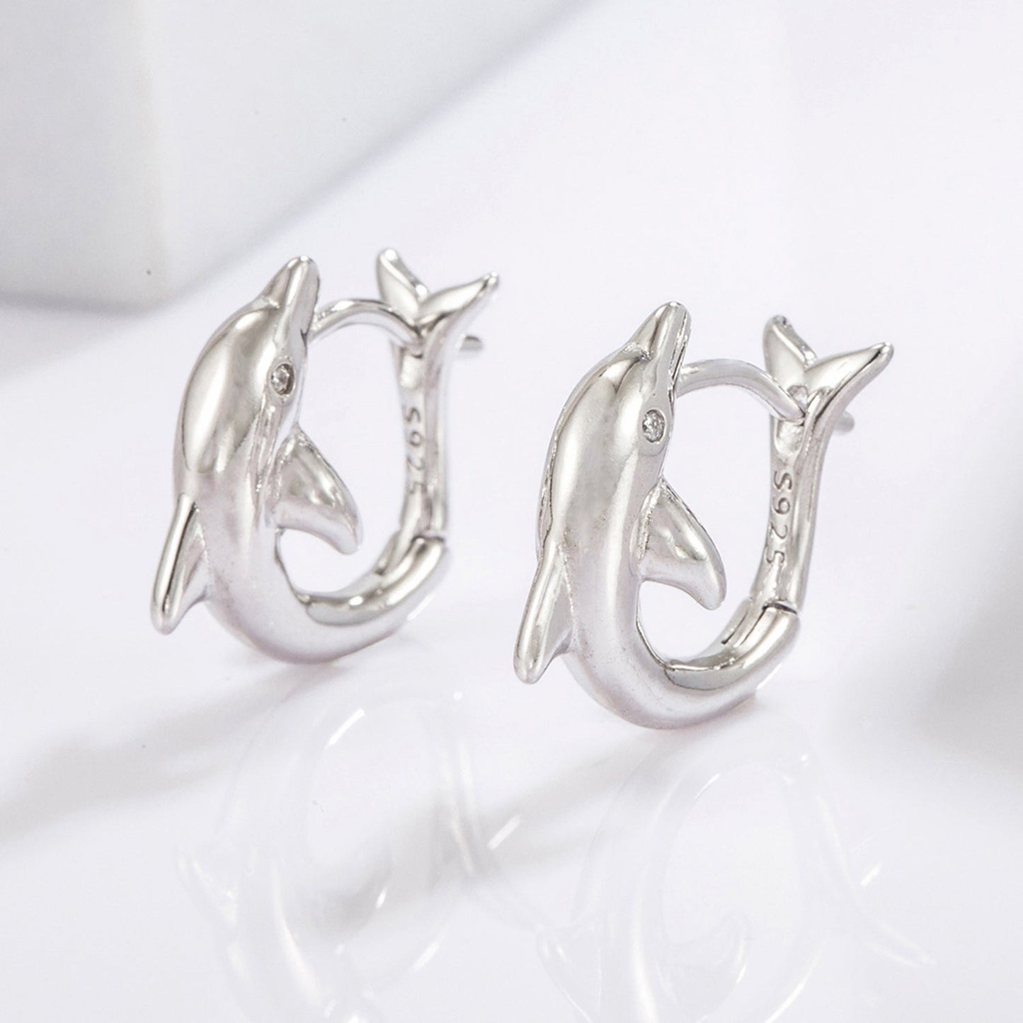 Beach Rose Co.Silver Zircon Dolphin Hoop Earrings