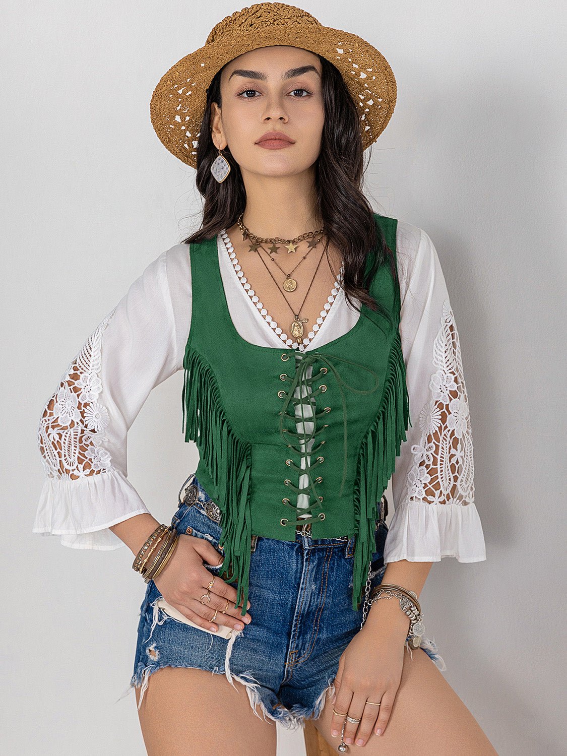 Beach Rose Co.Lace - Up Sleeveless Fringe Vest in Dark Green