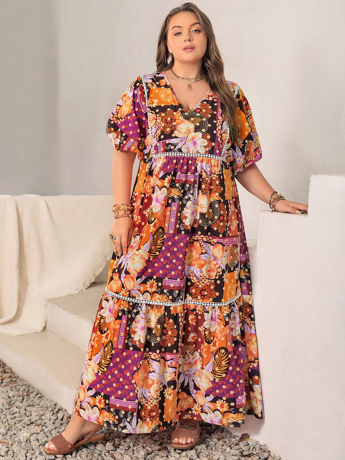 Beach Rose Co.Plus Size Patchwork Polka Dot Print V - Neck Half Sleeve Maxi Dress