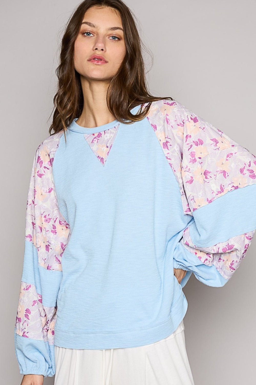 POLBalloon Sleeve Floral Top in Sky Blue Multi