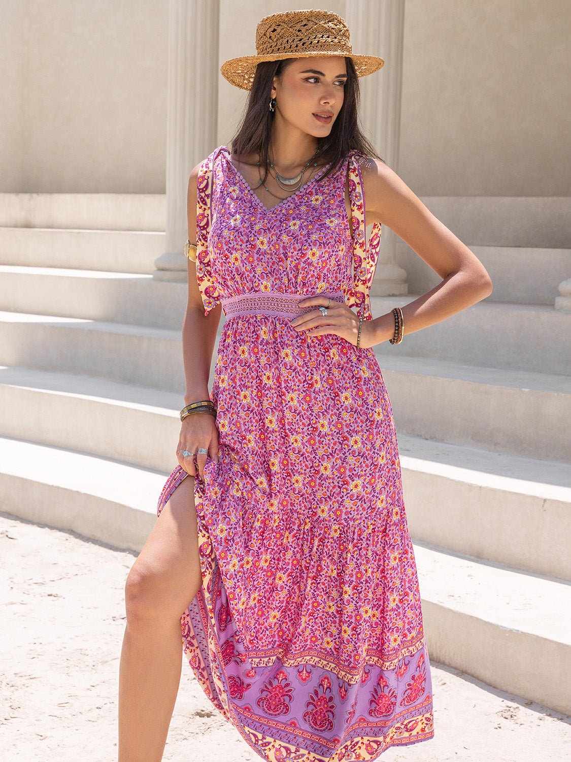 Beach Rose Co.Printed V - Neck Sleeveless Maxi Dress in Fuchsia Pink