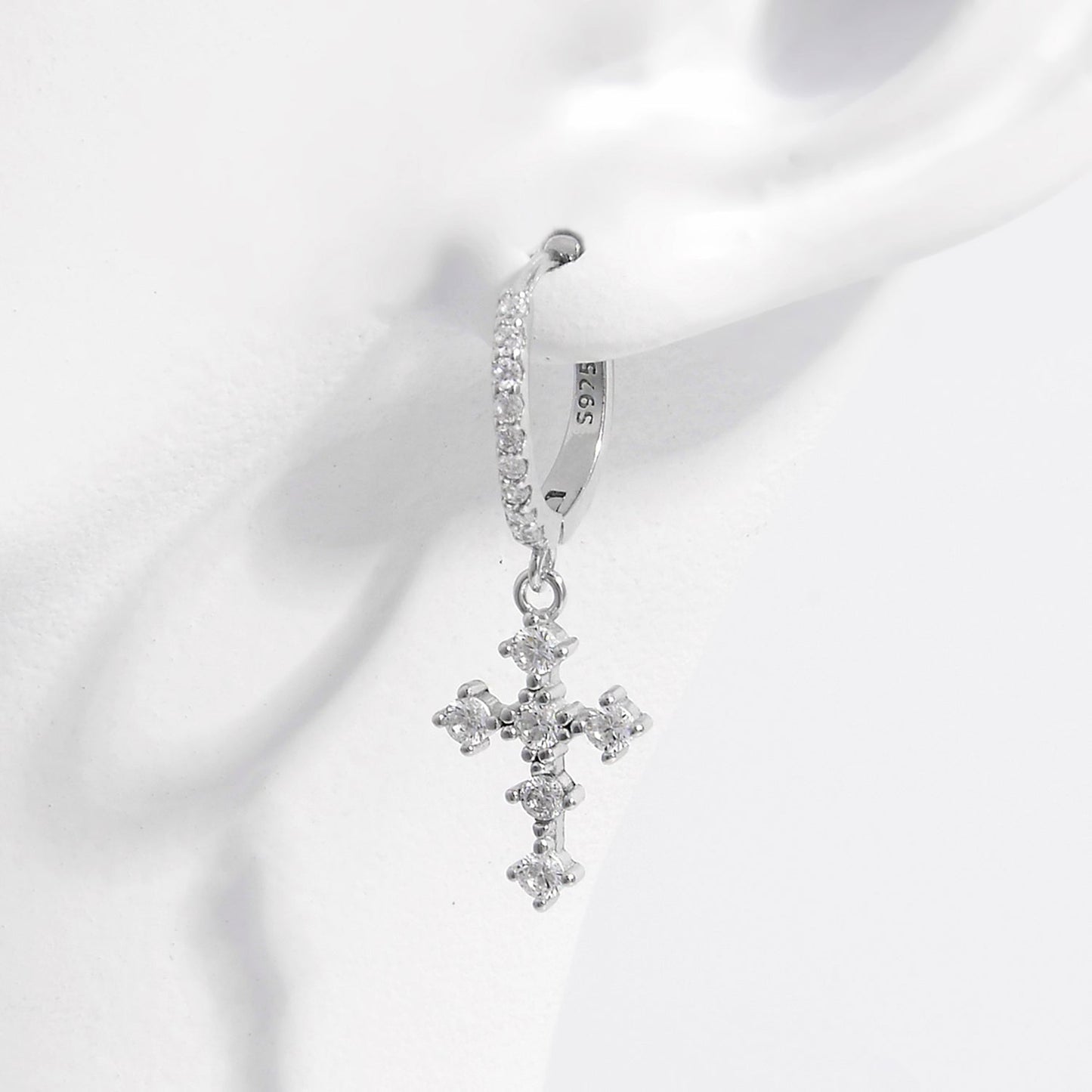 Beach Rose Co.Silver Inlaid Zircon Cross Dangle Huggie Earrings