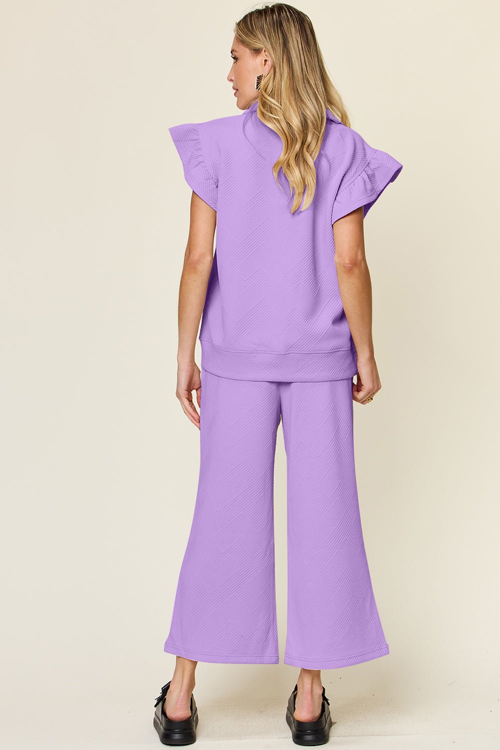 Double TakeTextured Ruffle Short Sleeve Top and Drawstring Wide Leg Pants Set