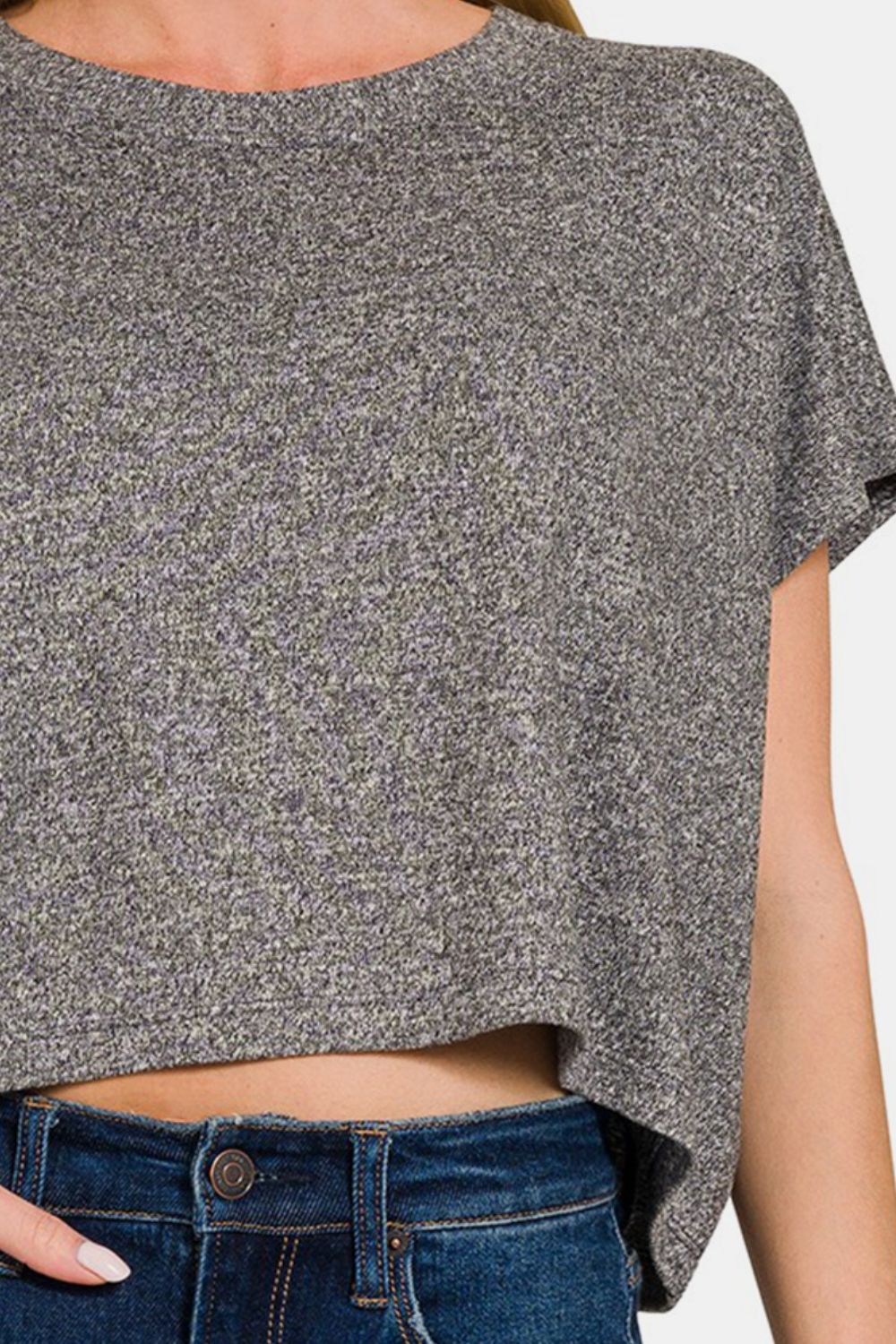 ZenanaShort Sleeve Crew Neck Cropped T - Shirt in Heather Black