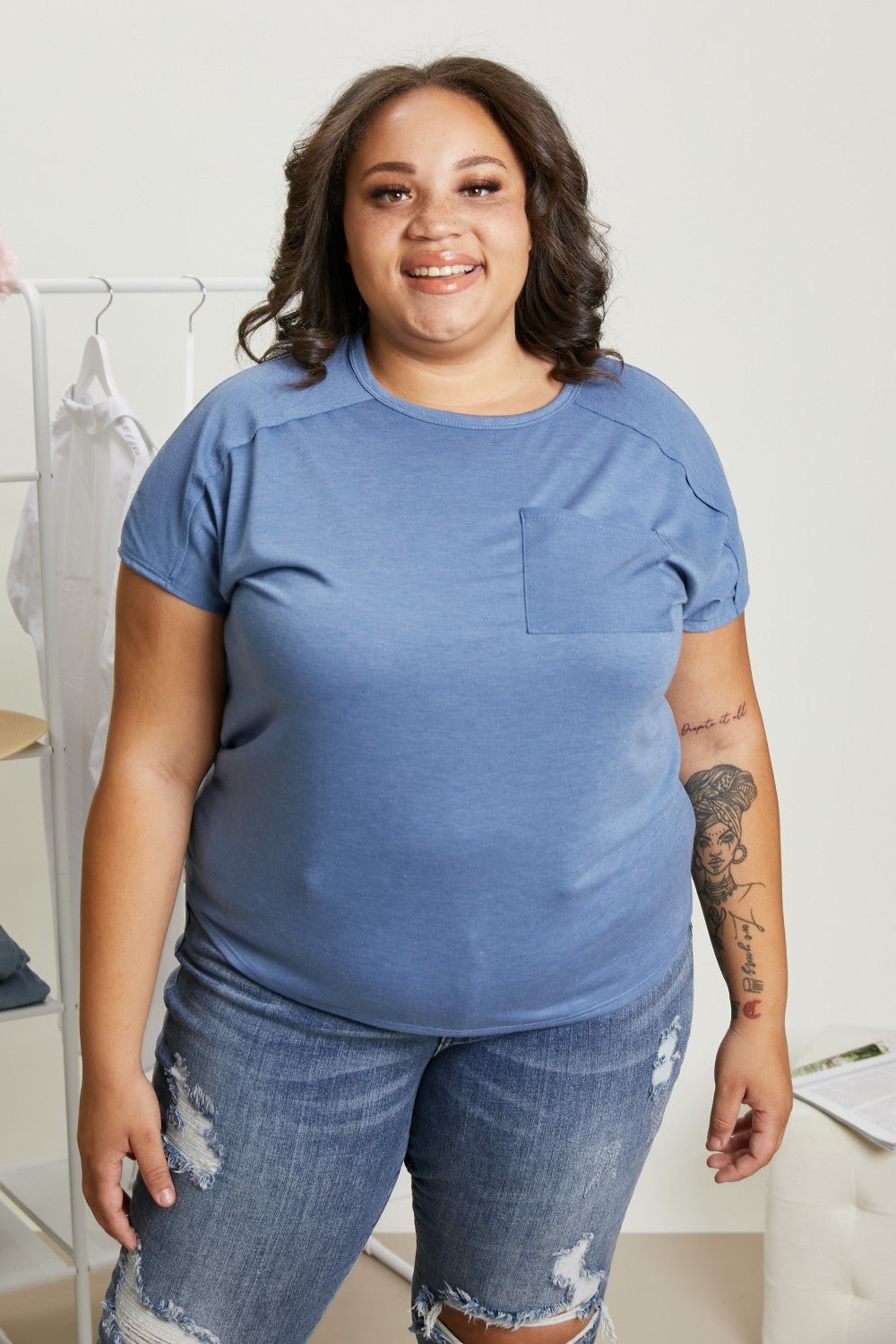 Sew In LoveExposed Seam Crew Neck Short Sleeve T - Shirt in Denim Blue