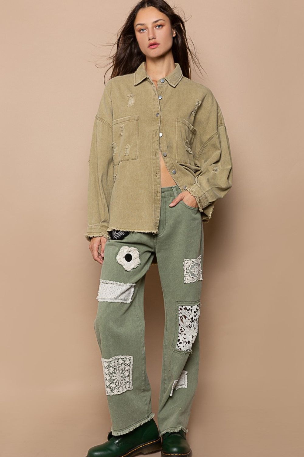 POLButton Down Raw Hem Distressed Shacket in Mocha Herb