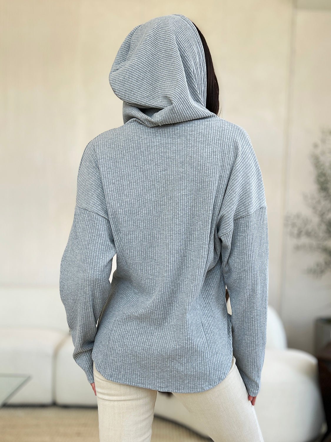 Culture CodeRib Knit Zip Up Drawstring Hooded Jacket in Heather Grey