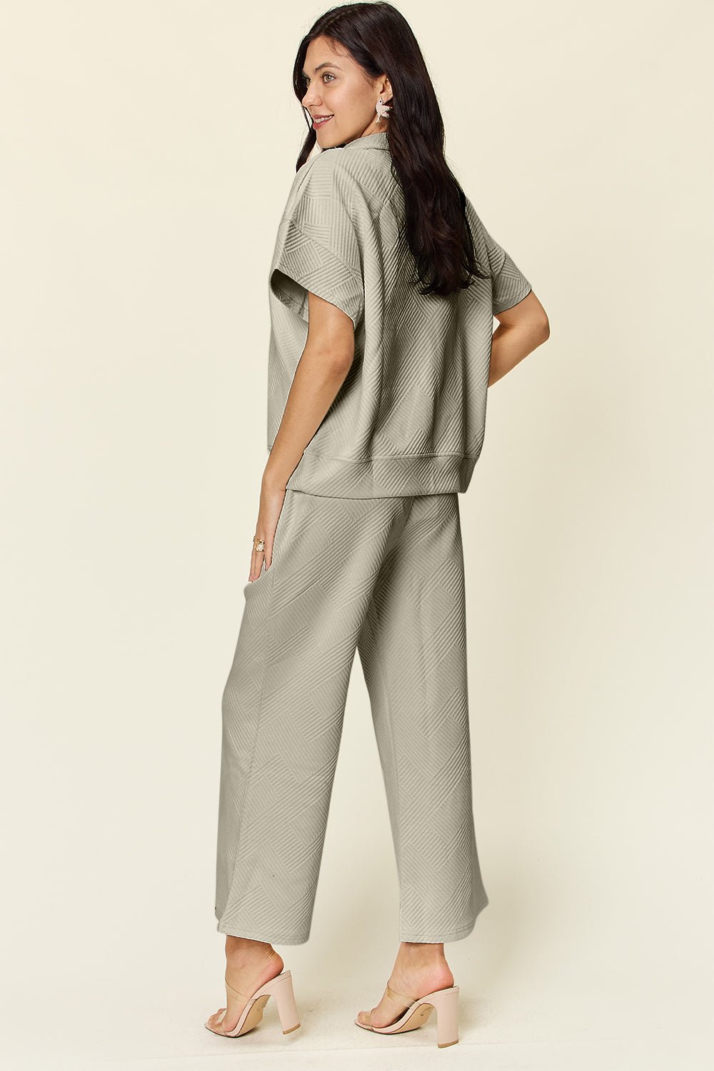 Double TakeTextured Half Zip Short Sleeve Top and Pants Set