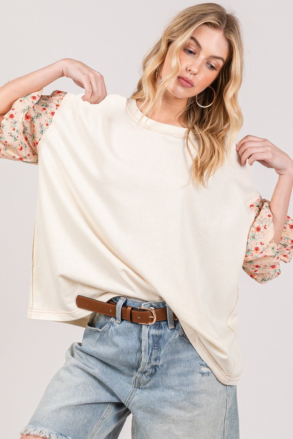 SAGE+FIGBubble Sleeve Oversized Top in Ivory