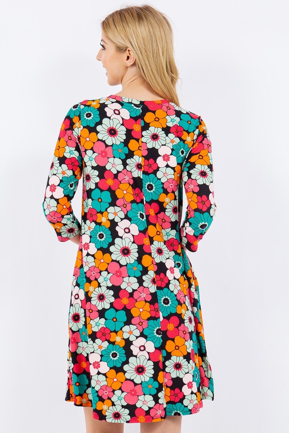 Celeste DesignBlack Floral Three - Quarter Sleeve Mini Dress with Pockets