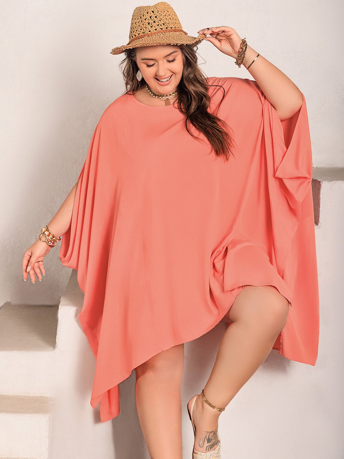 Beach Rose Co.Plus Size Batwing Sleeve Mini Dress in Coral