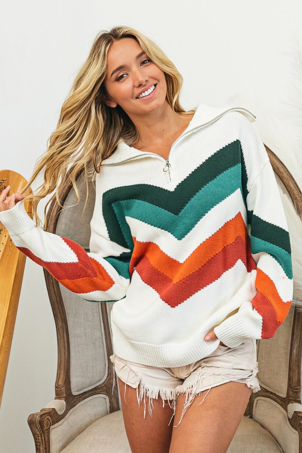 BiBiMulti Color Chevron Pattern Sweater in Jade Rust