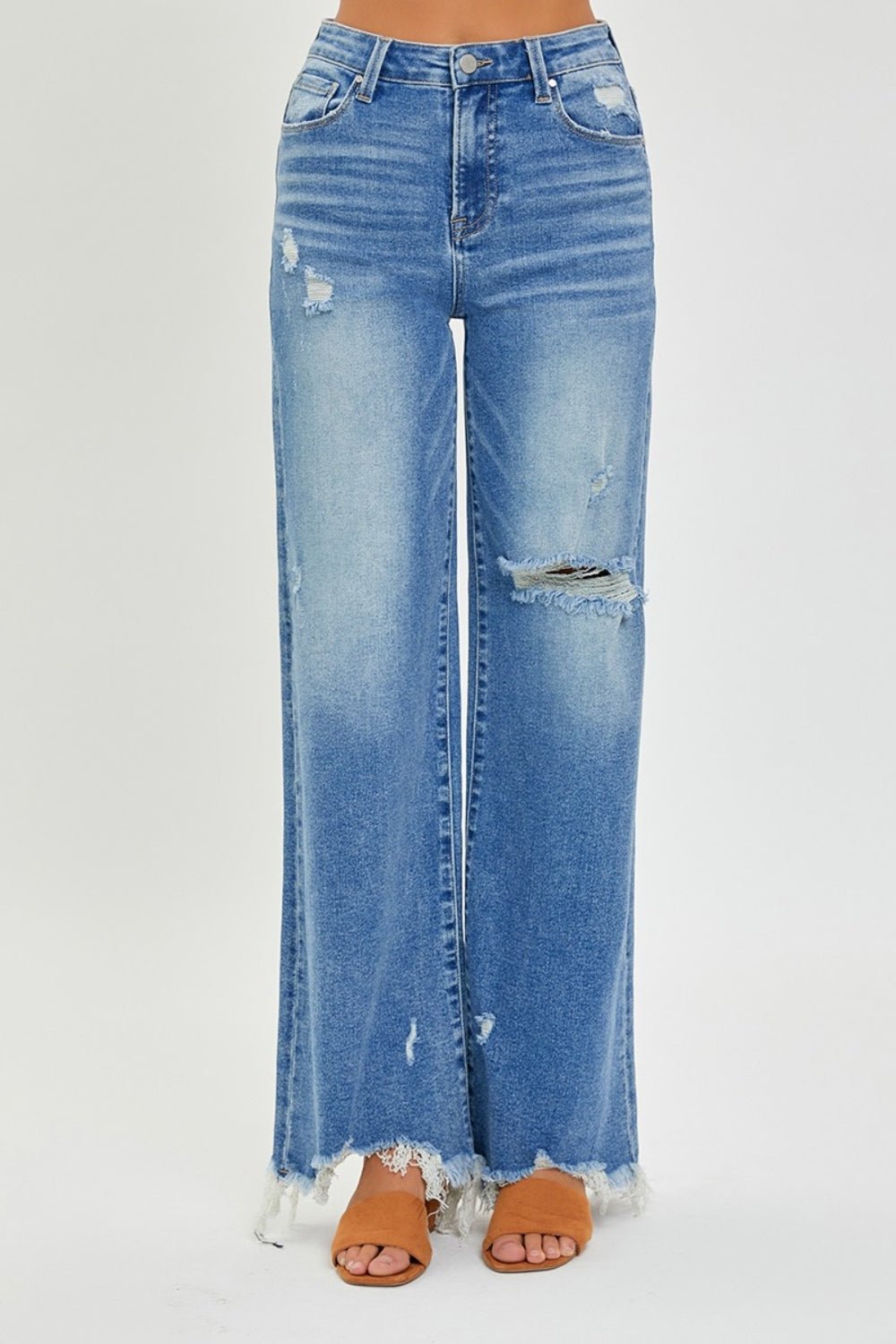 RISENMedium Wash High Rise Frayed Hem Wide Leg Jeans