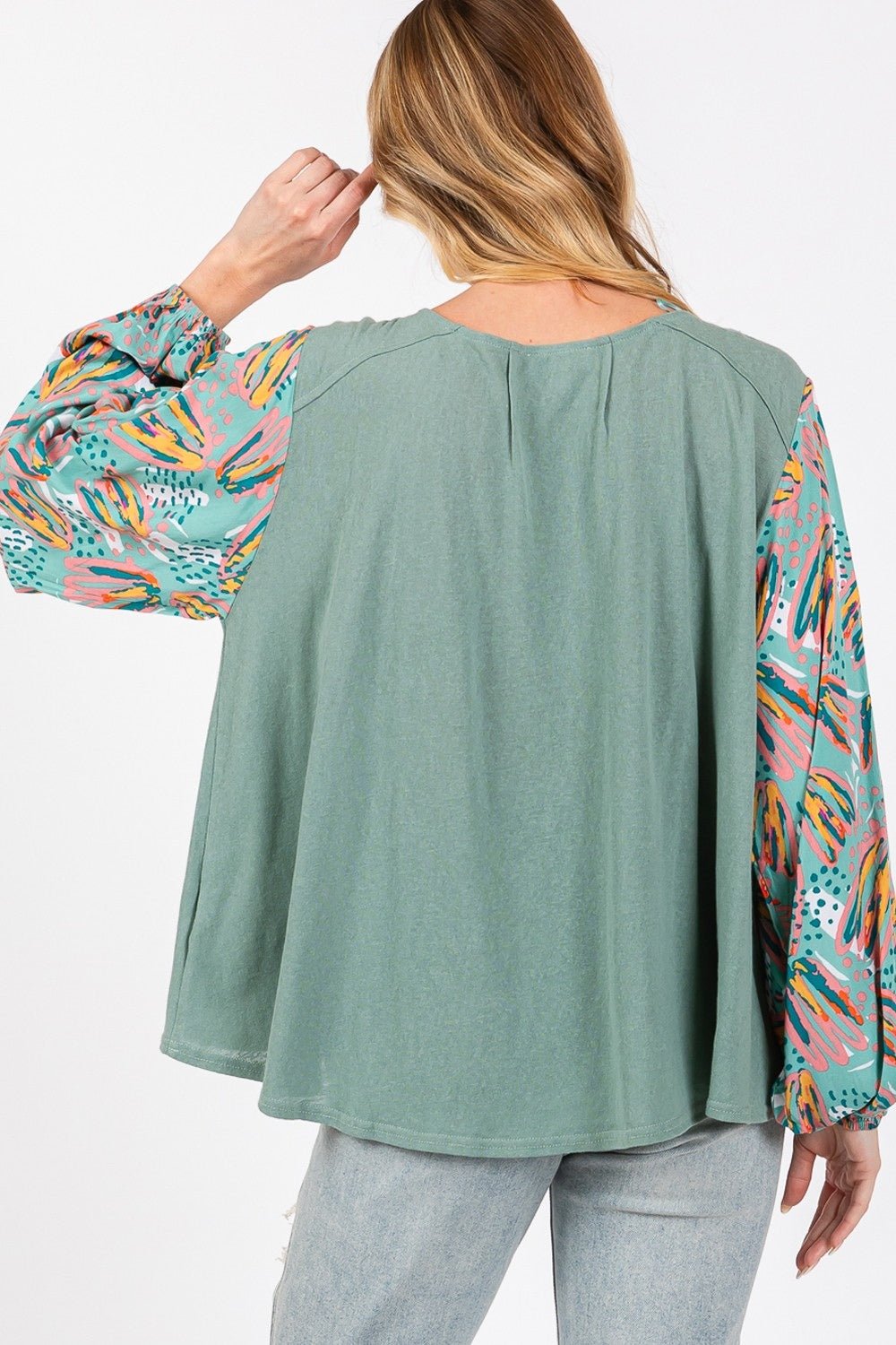 SAGE+FIGPleated Babydoll Printed Bubble Sleeve Top in Sage