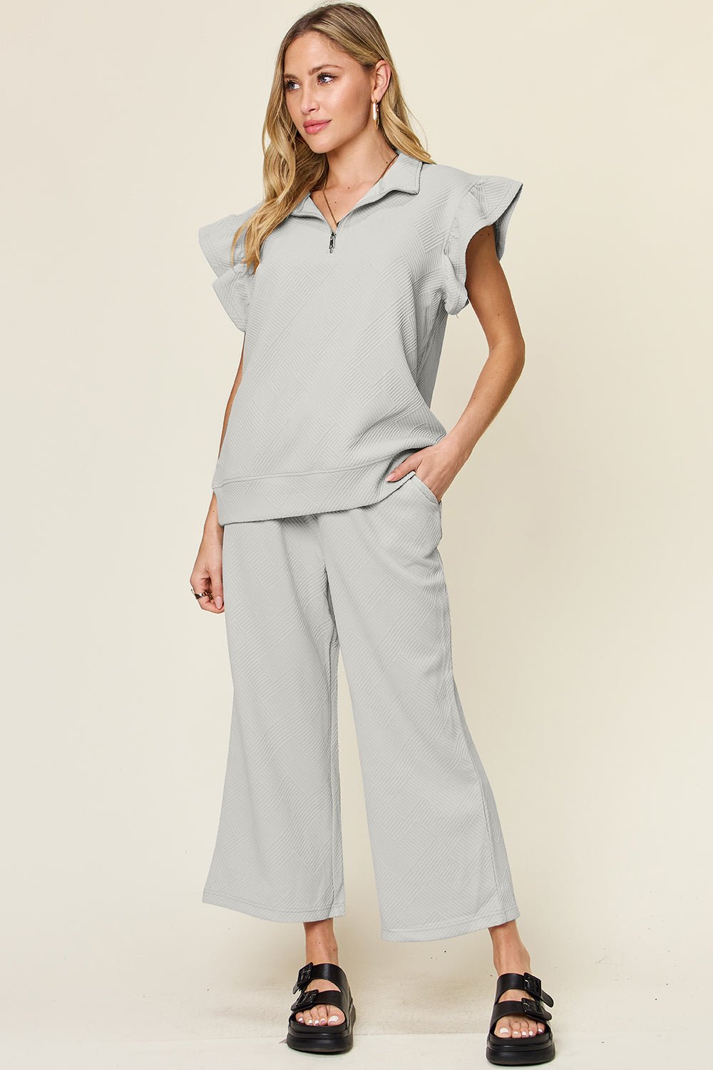 Double TakeTextured Ruffle Short Sleeve Top and Drawstring Wide Leg Pants Set