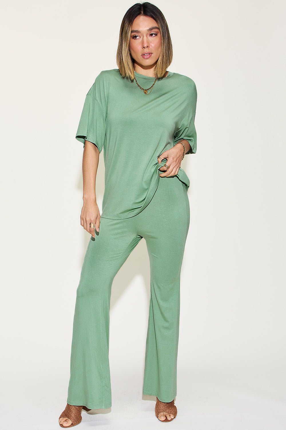 Basic BaeDrop Shoulder T - Shirt and Flare Pants Set