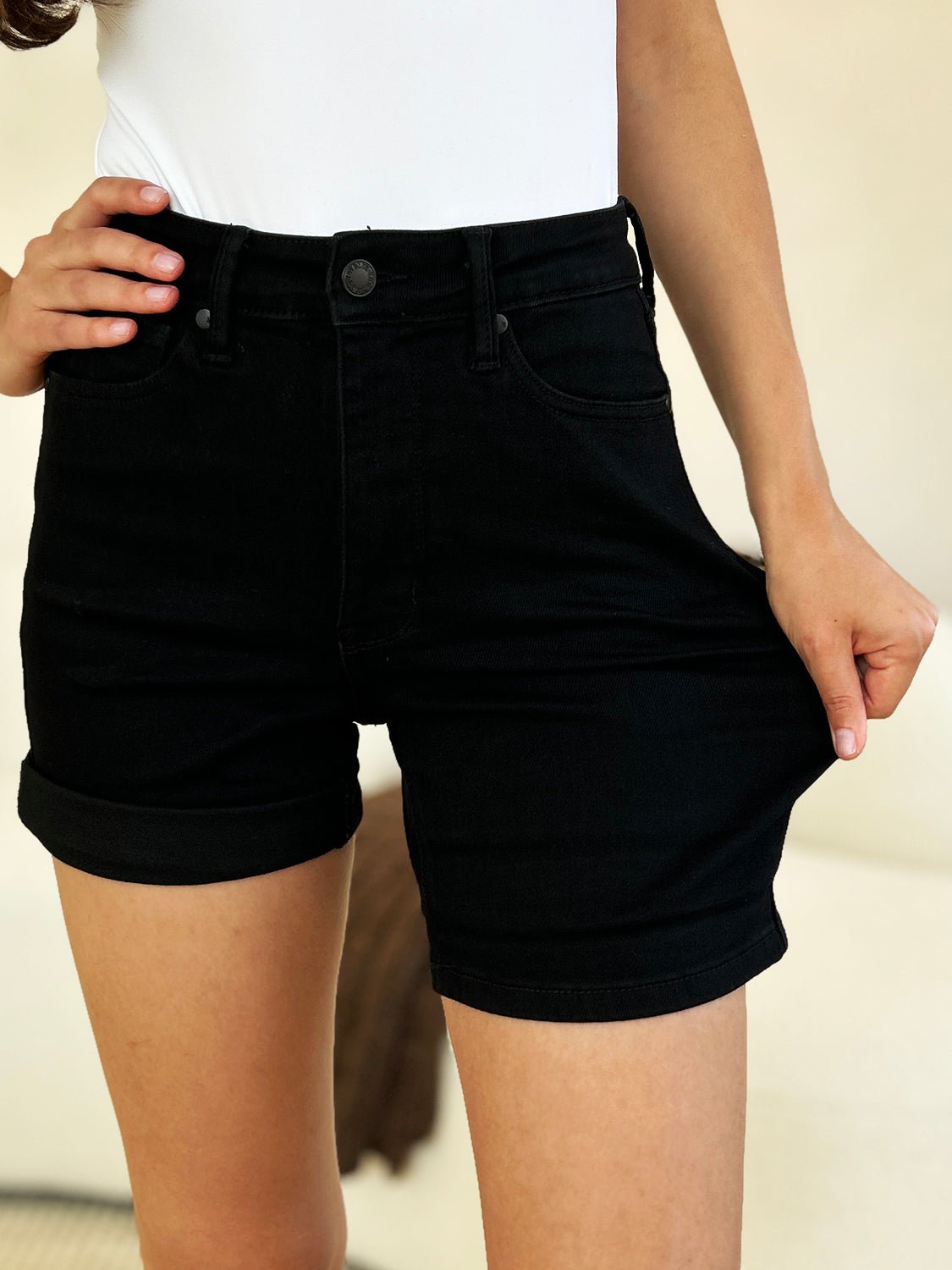 Judy BlueHigh Waist Tummy Control Cuffed Denim Shorts in Black