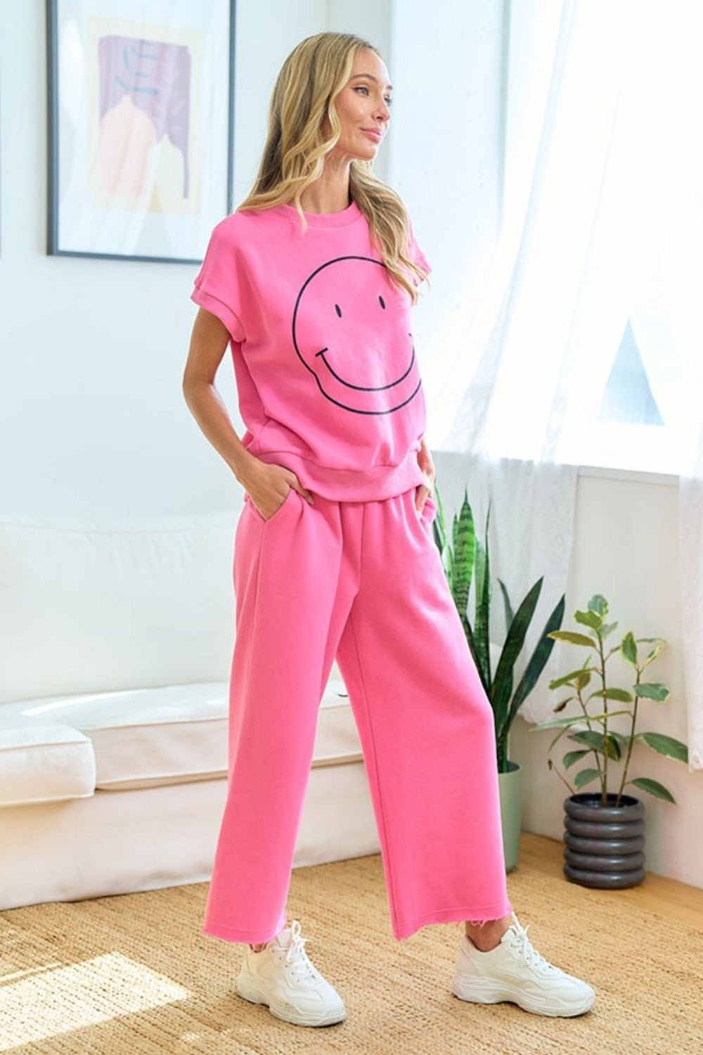 First LoveSmiley Face Drop Shoulder T - Shirt in Pink