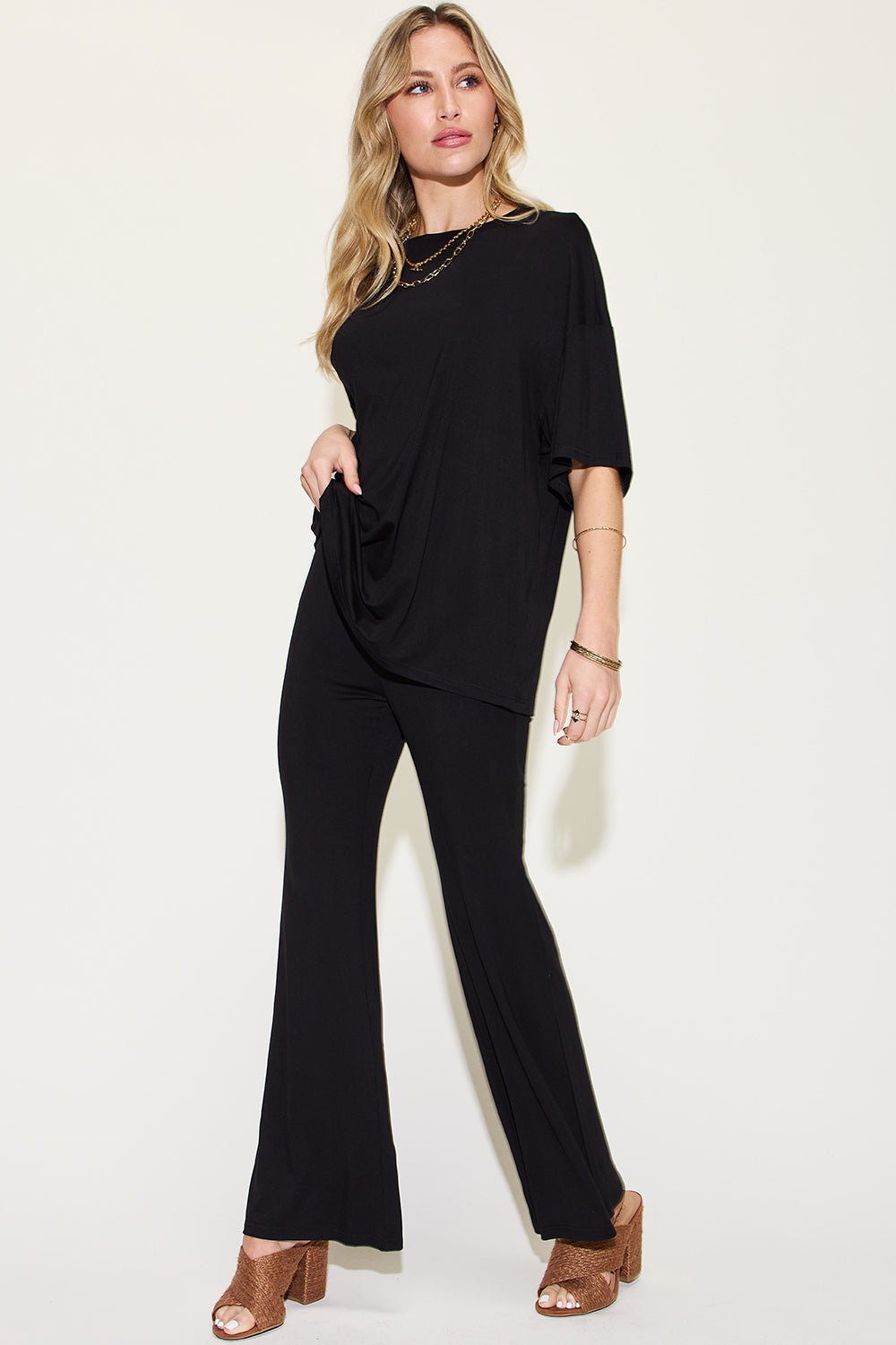 Basic BaeDrop Shoulder T - Shirt and Flare Pants Set