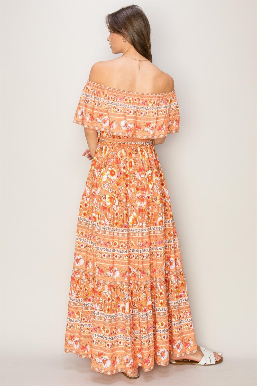 HYFVEFloral Off - Shoulder Maxi Dress in Apricot