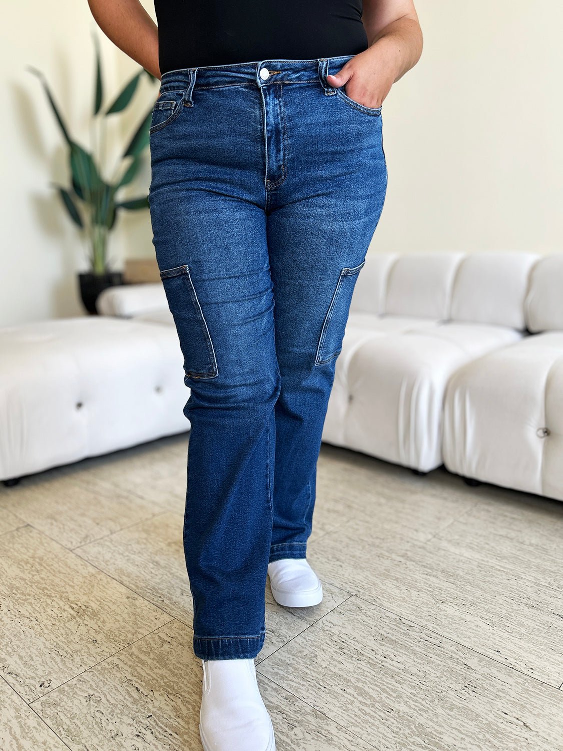 Judy BlueDark Wash High Waist Straight Leg Cargo Jeans