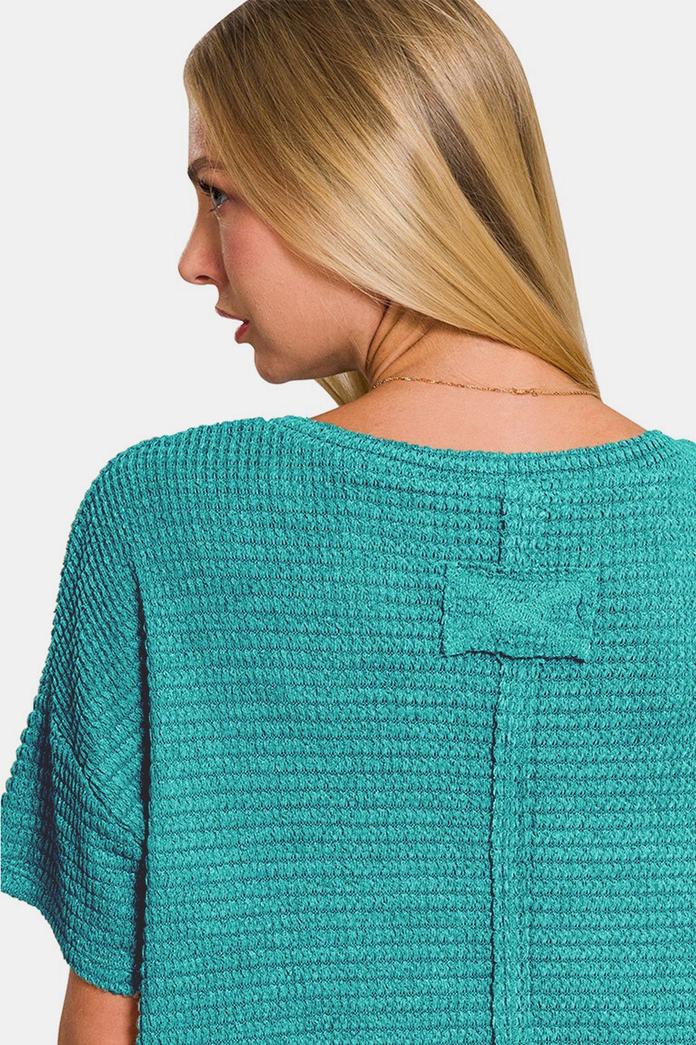 ZenanaDrop Shoulder Short Sleeve Waffle Knit Top in Light Teal