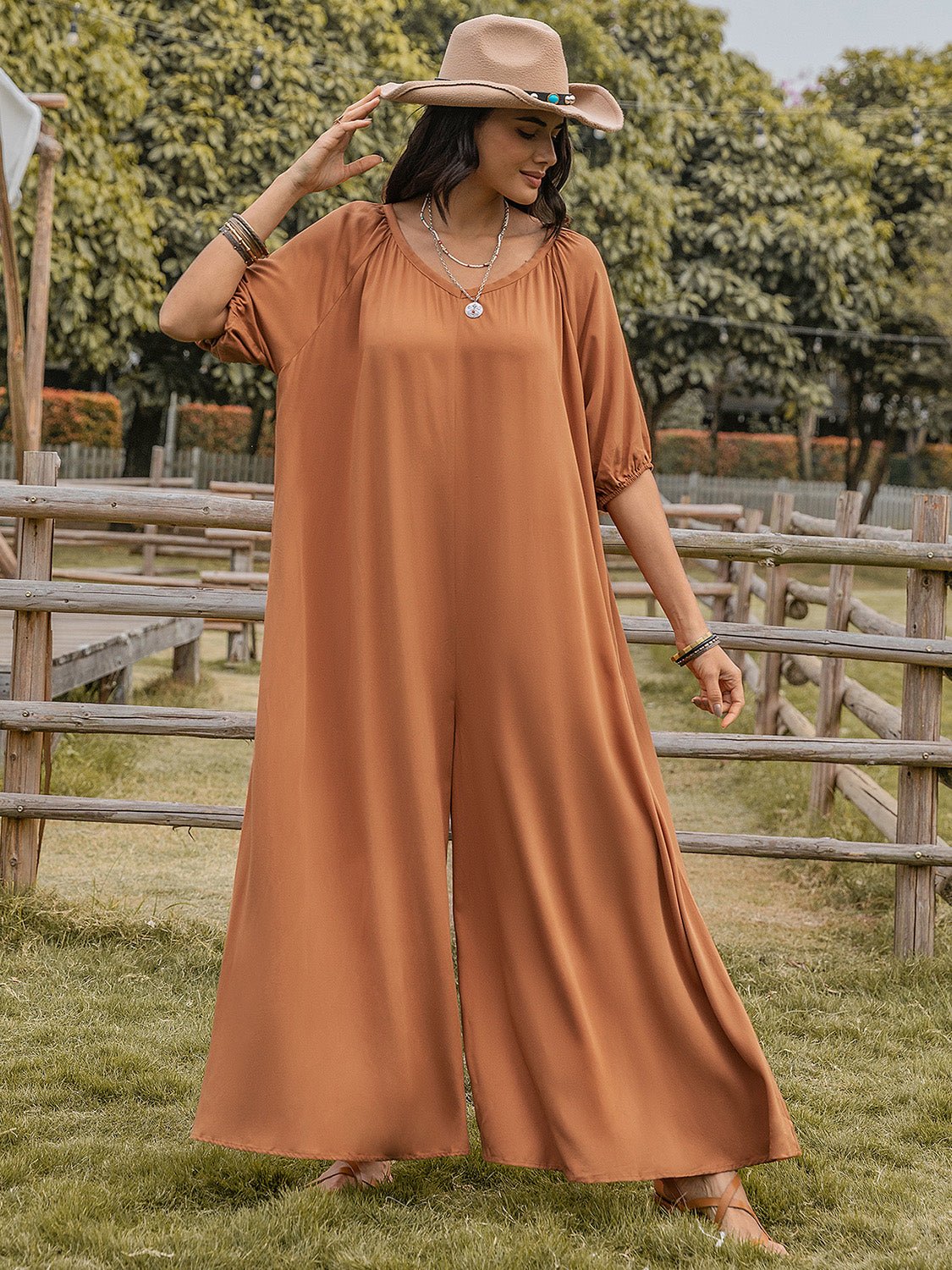 Beach Rose Co.Scoop Neck Half Sleeve Wide Leg Jumpsuit in Caramel