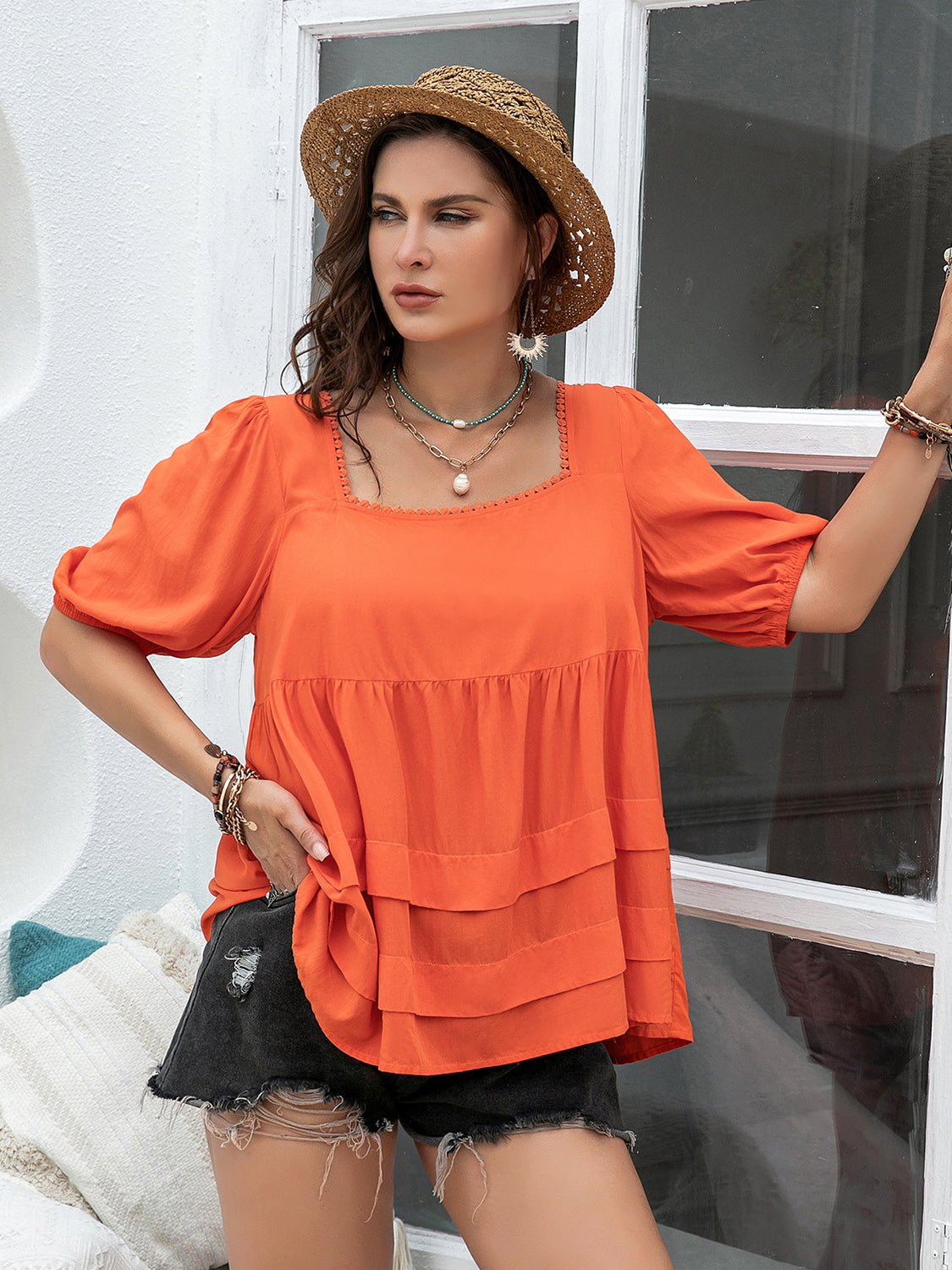 Beach Rose Co.Plus Size Square Neck Half Sleeve Blouse