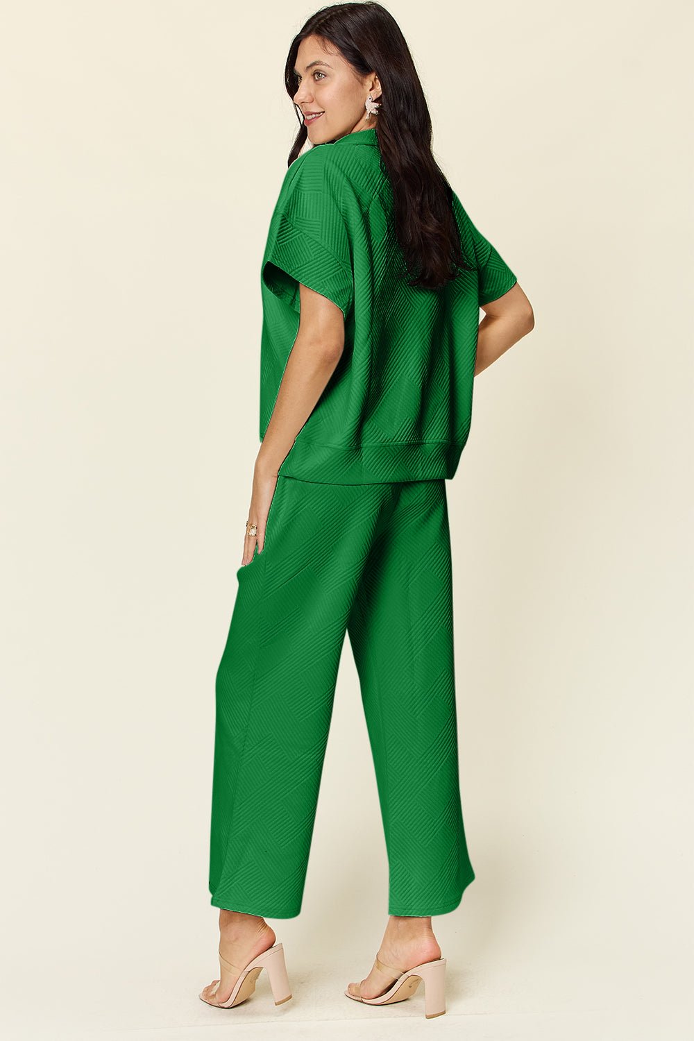 Double TakeTextured Half Zip Short Sleeve Top and Pants Set